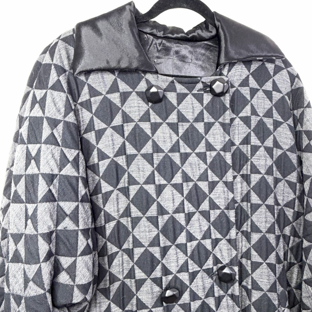 Vintage‎ Quilted Long Wool Coat 2X/3X Made In Italy Black Gray Tumbling Block - Picture 12 of 16